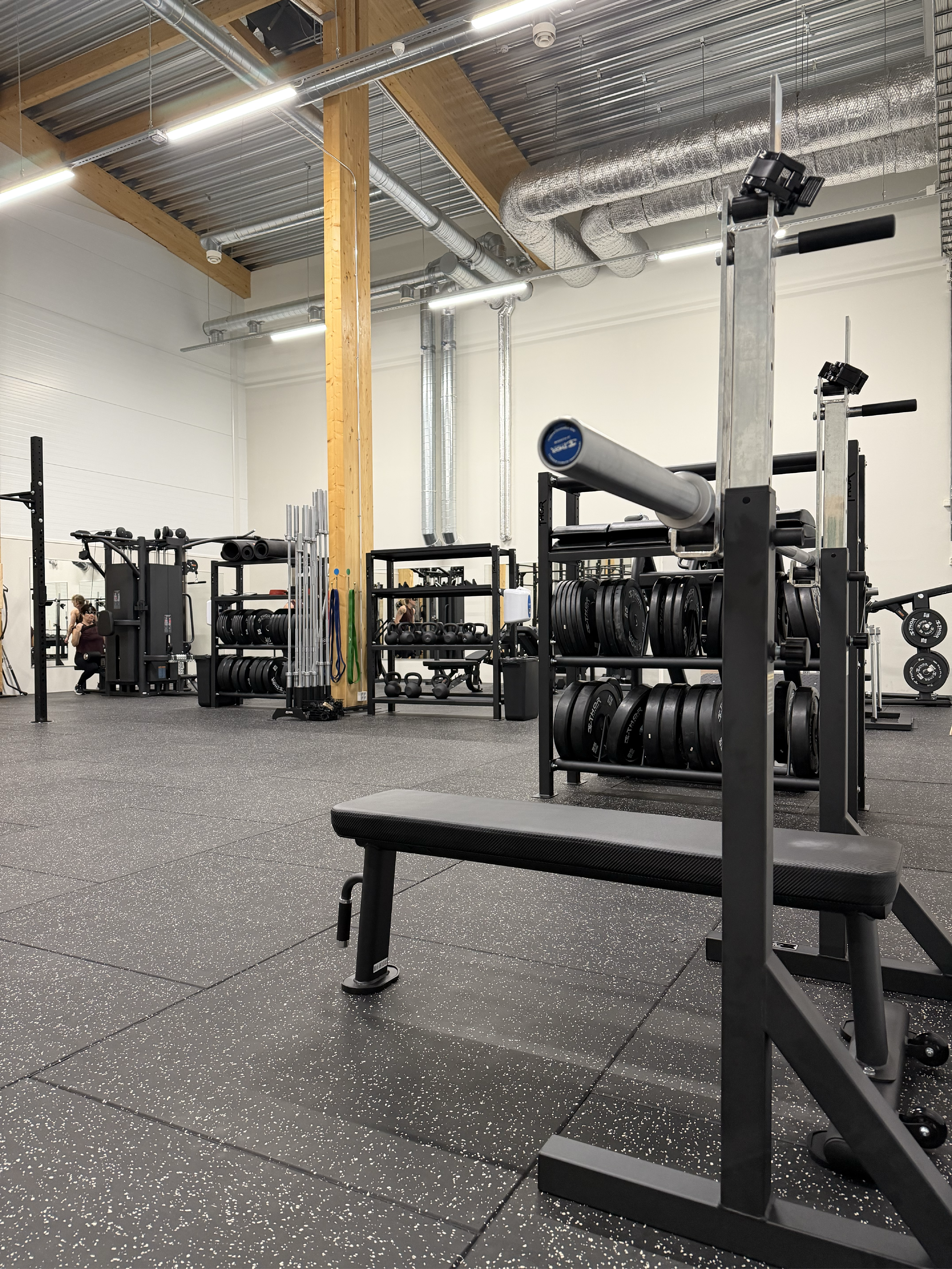 En rymlig gymhall med fria vikter, skivstänger, viktplattor och bänkar. I bakgrunden syns träningsmaskiner och speglar längs väggarna.